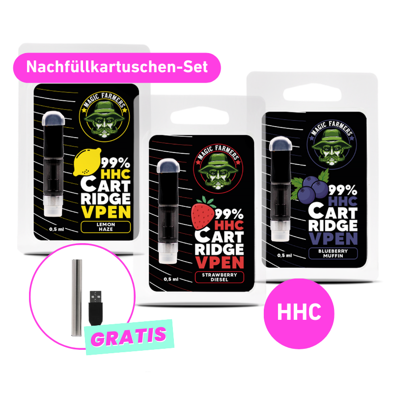 HHC Vape set of 3: Lemon Haze/Strawberry Diesel/Blueberry Muffin 99% HHC (3x0.5ml) + FREE battery